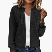 Women's Waffle Textured Zip-Up Hoodie with Drawstring Hood 0