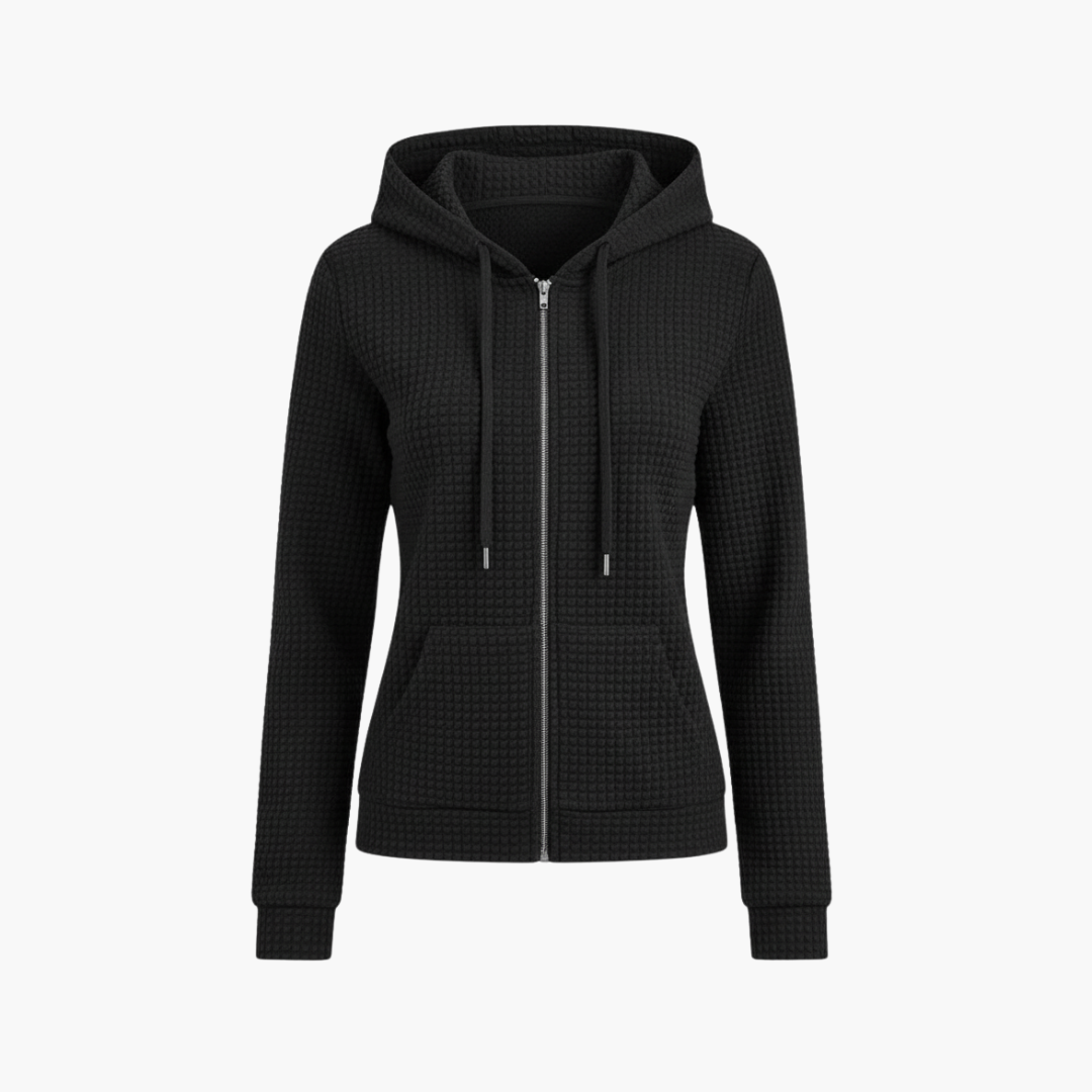 Women's Waffle Textured Zip-Up Hoodie with Drawstring Hood 1