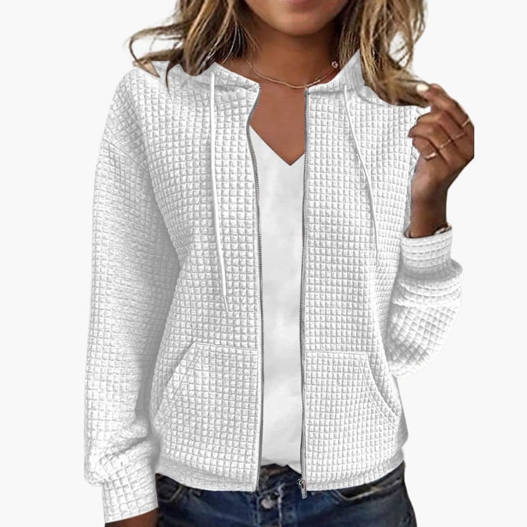 Women's Waffle Textured Zip-Up Hoodie with Drawstring Hood 3