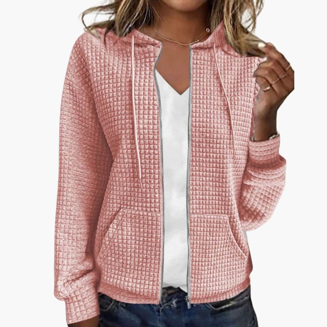 Women's Waffle Textured Zip-Up Hoodie with Drawstring Hood 4