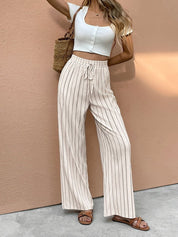 Women's Wide Leg Pants with Drawstring Waist - Striped Summer Casual Style 0