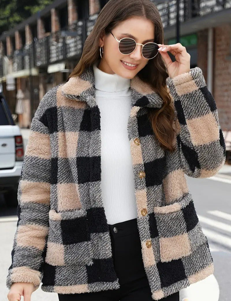 Women's Winter Coats - Cozy Plaid Jacket with Button Front & Collar for Cold Weather 0