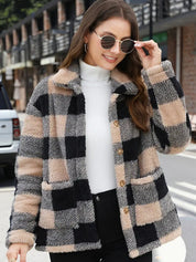 Women's Winter Coats - Cozy Plaid Jacket with Button Front & Collar for Cold Weather 0
