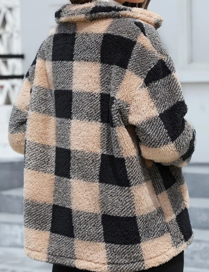 Women's Winter Coats - Cozy Plaid Jacket with Button Front & Collar for Cold Weather 1