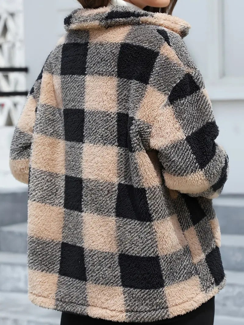 Women's Winter Coats - Cozy Plaid Jacket with Button Front & Collar for Cold Weather 1