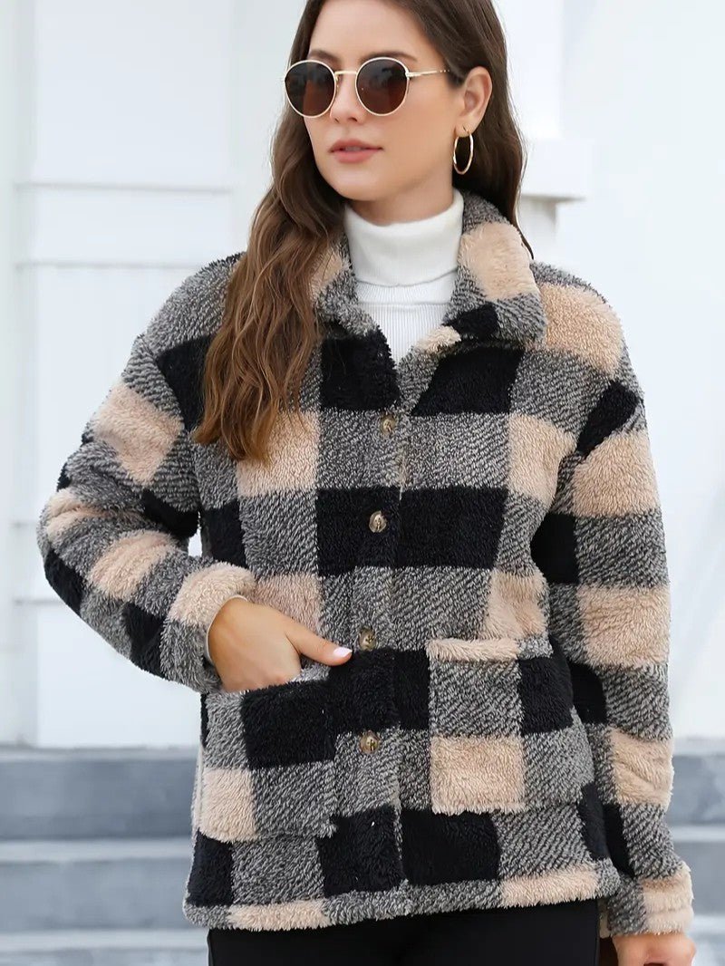 Women's Winter Coats - Cozy Plaid Jacket with Button Front & Collar for Cold Weather 3