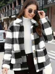Women's Winter Coats - Cozy Plaid Jacket with Button Front & Collar for Cold Weather 5