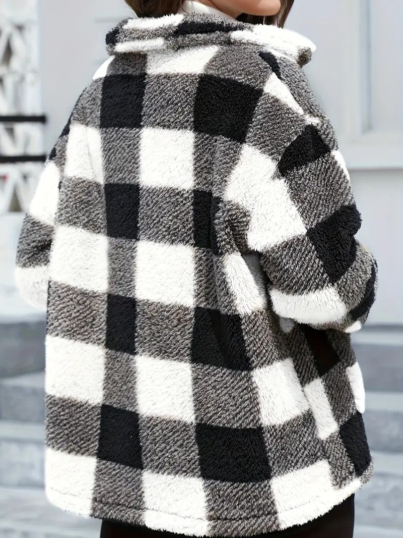 Women's Winter Coats - Cozy Plaid Jacket with Button Front & Collar for Cold Weather 7