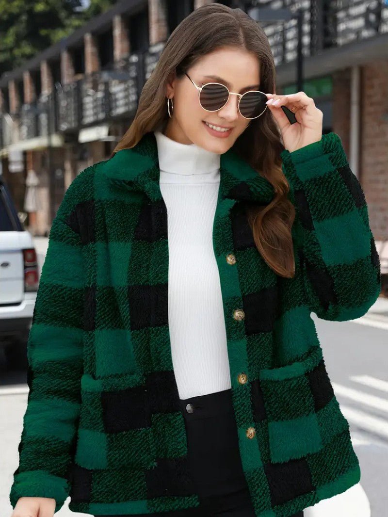 Women's Winter Coats - Cozy Plaid Jacket with Button Front & Collar for Cold Weather 9