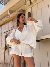 ZARA | Elegant V-Neck Shirt And Ruffle Shorts Set 5