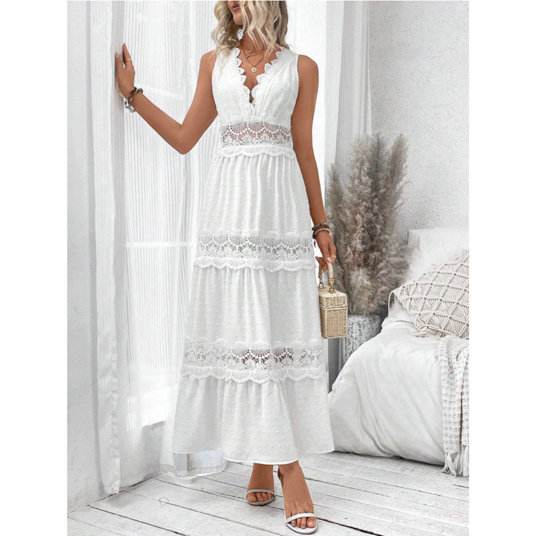 Women's Elegant White Maxi Dress Sleeveless Polyester for Summer Events