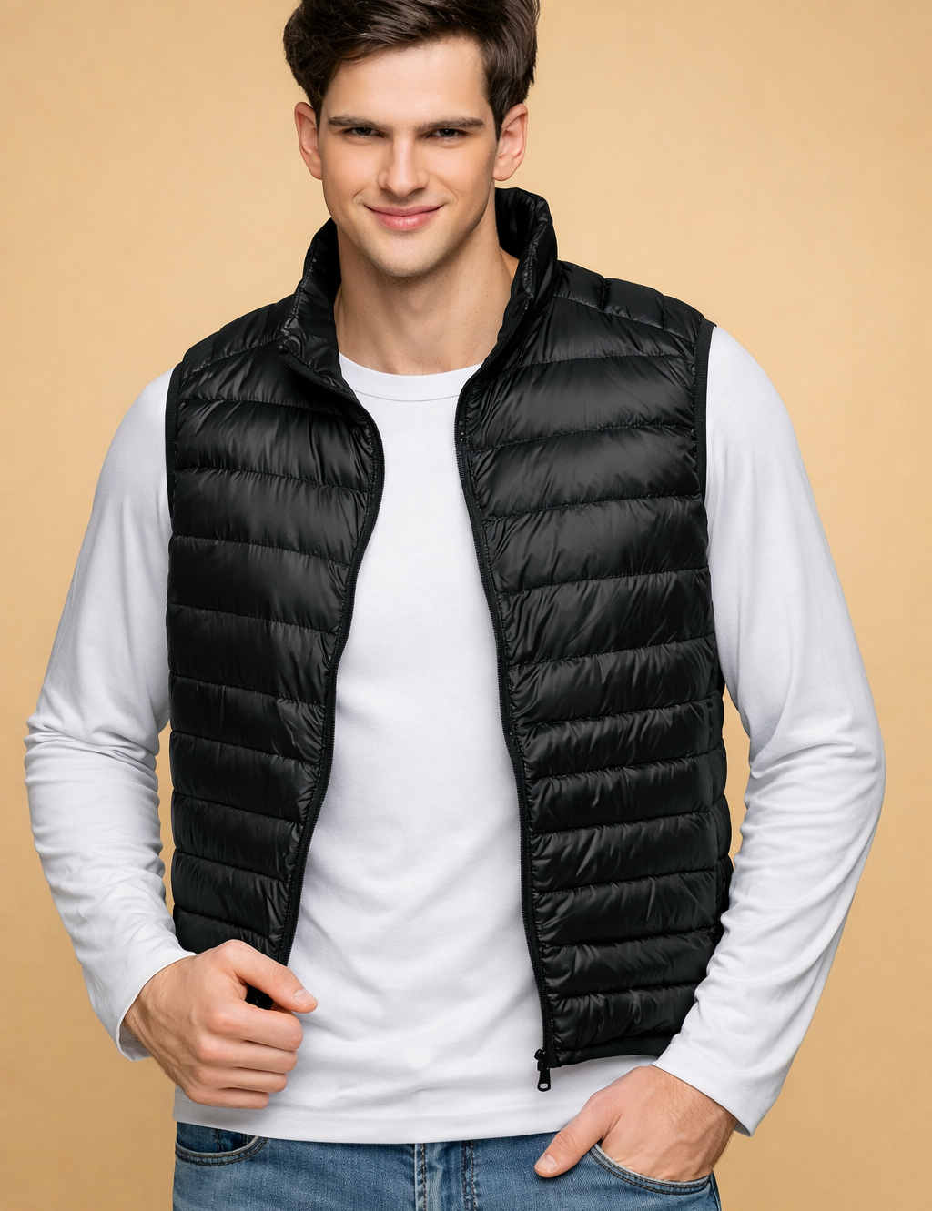 european-male-model-black-puffer-vest-white-long-sleeve-studio-posed-shot-warm-sand-background.png