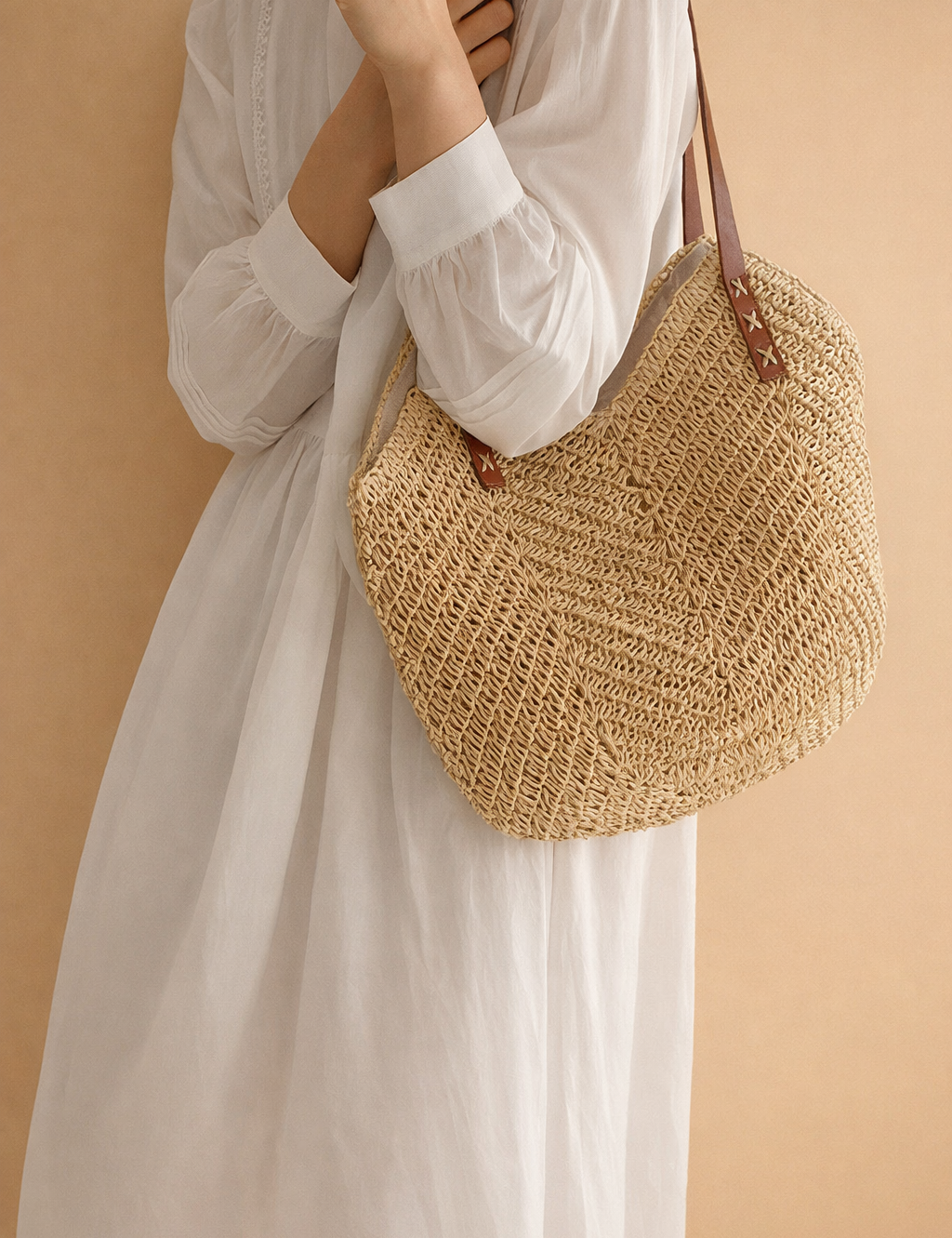 european-studio-model-raffia-straw-tote-bag-white-linen-dress-editorial-pose.png