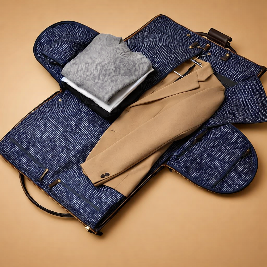 european-travel-garment-bag-studio-flatlay-model-style-luxury-sand-background.png