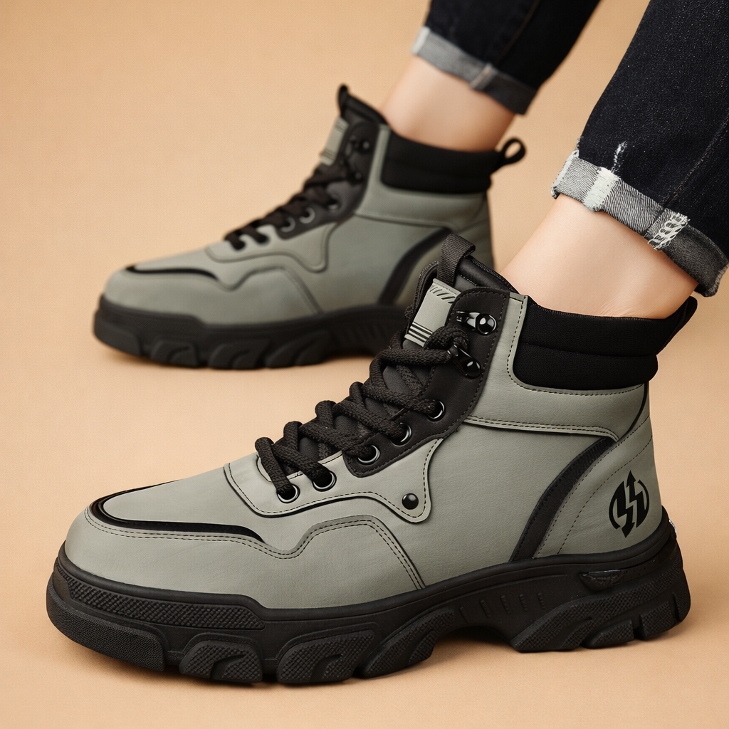 luxury-european-studio-model-wearing-grey-high-top-sneakers-side-pose.png