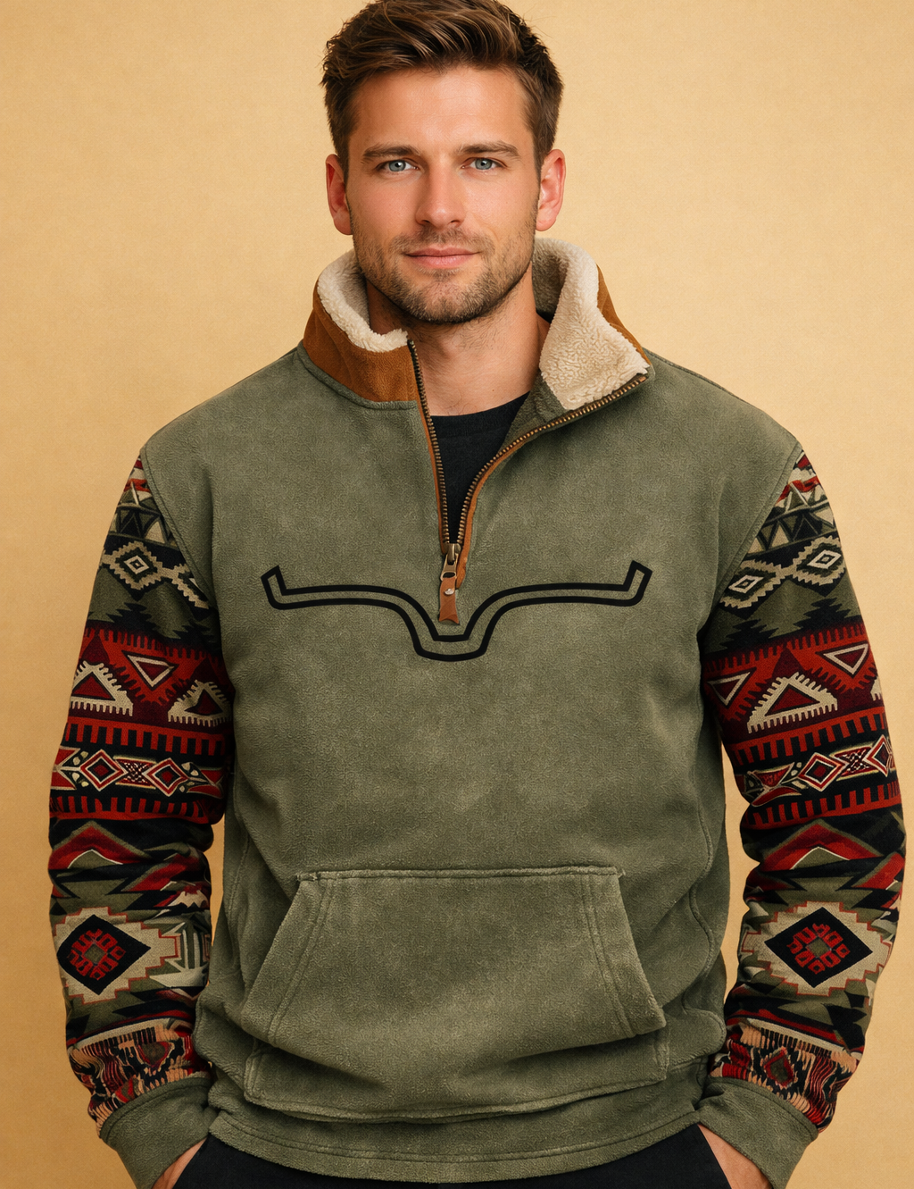 mens-olive-aztec-quarter-zip-pullover-model-studio-portrait.png