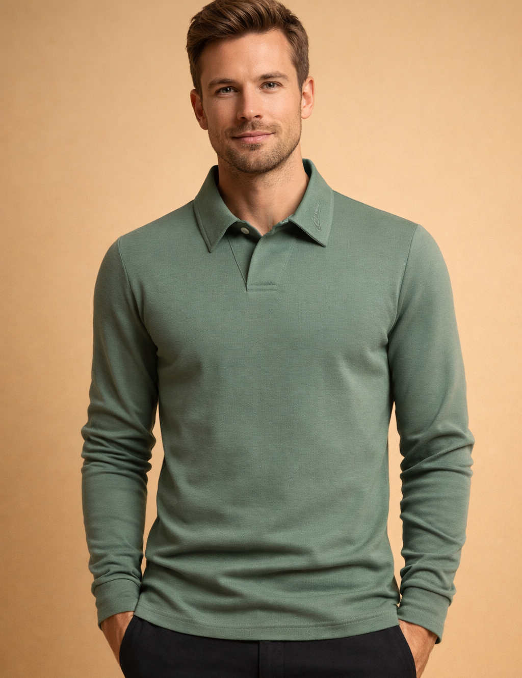mens-sage-green-long-sleeve-polo-model-adjusting-collar-european-studio-pose_2.png
