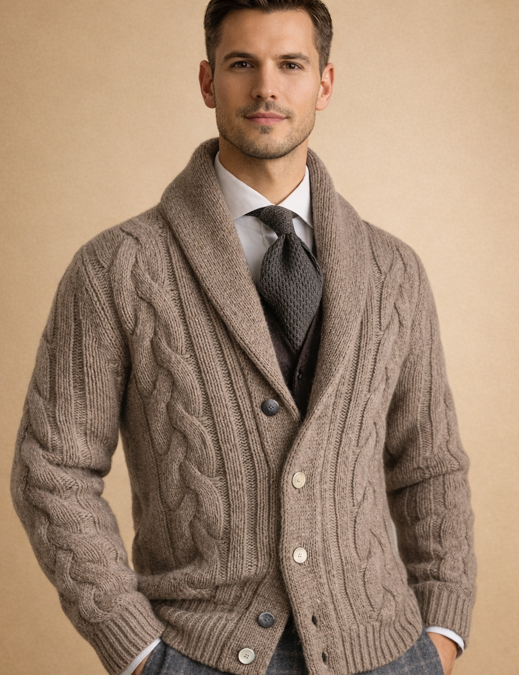 mens-taupe-cable-knit-shawl-collar-cardigan-posed-studio-model-shot.png