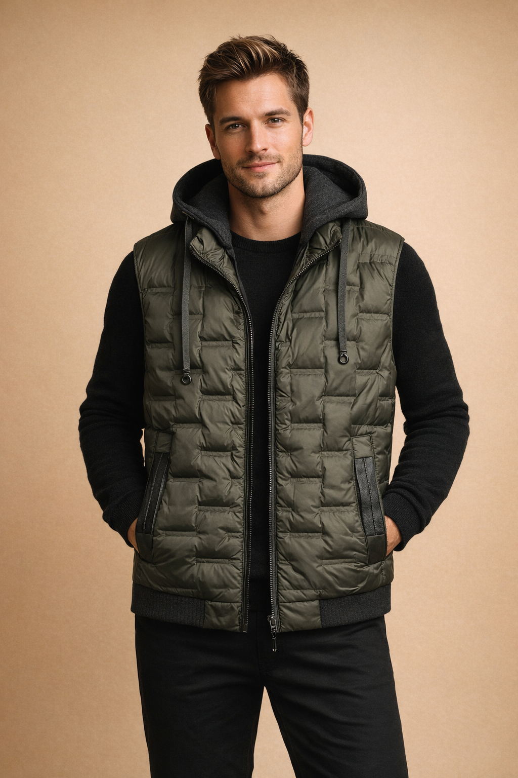 Ron | Men's Insulated Quilted Puffer Vest with Hood Comfortable Down Material