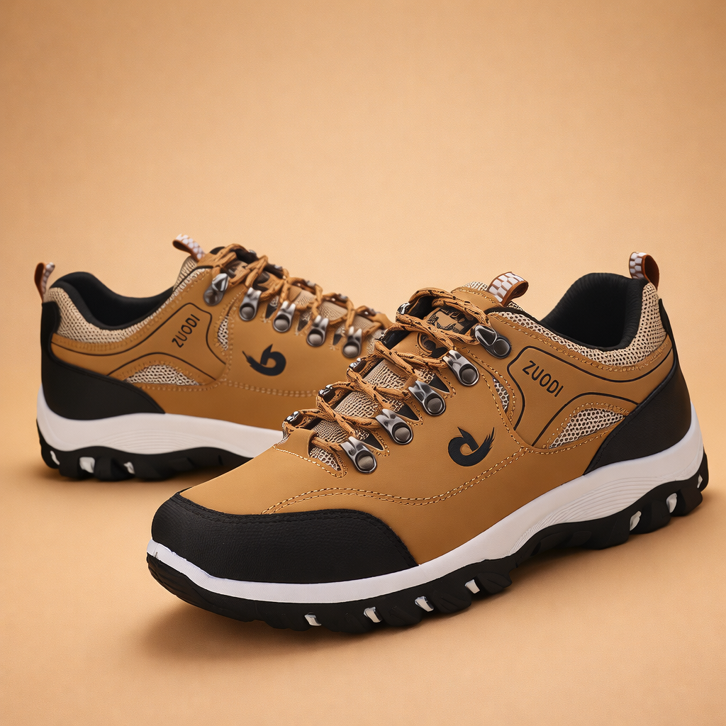 tan-hiking-shoes-european-studio-model-pose-caramel-sand-background.png