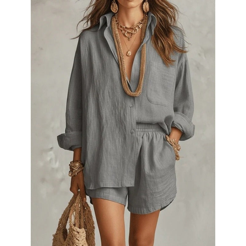 Women’s Two Piece Set Collared Shirt and Elastic Waist Shorts Summer Outfit